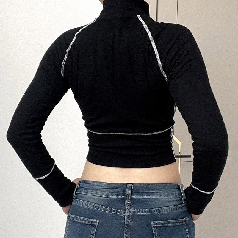 Women's Fashion Casual Contrast Color Zipper Tight Long Sleeve Shirt