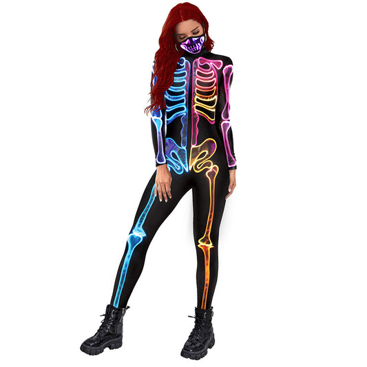 Halloween Colorful Skeleton Printing Long Sleeve Tights Women's Bodysuit