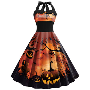 Halloween Dress Skull Spider Web Printed Clothing Women's Strap High Waist Skirt