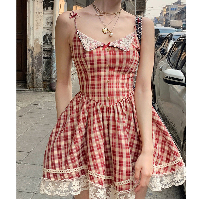 Women's Suspenders Red Plaid French Dress