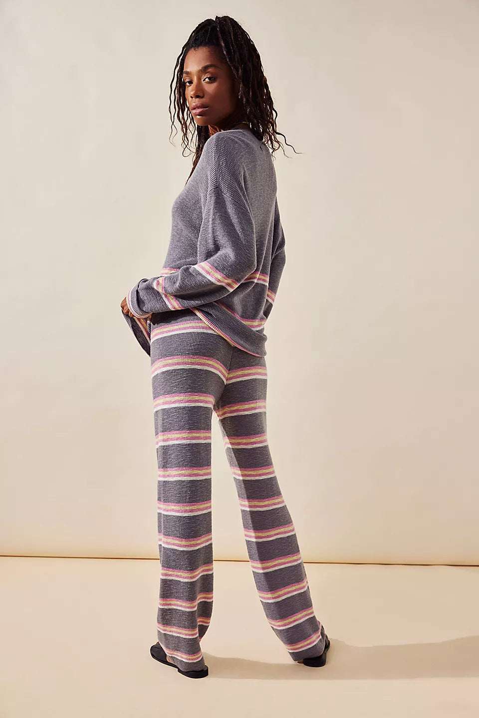 European And American Temperament Crew Neck Long Sleeve Striped Two-piece Outfit Set