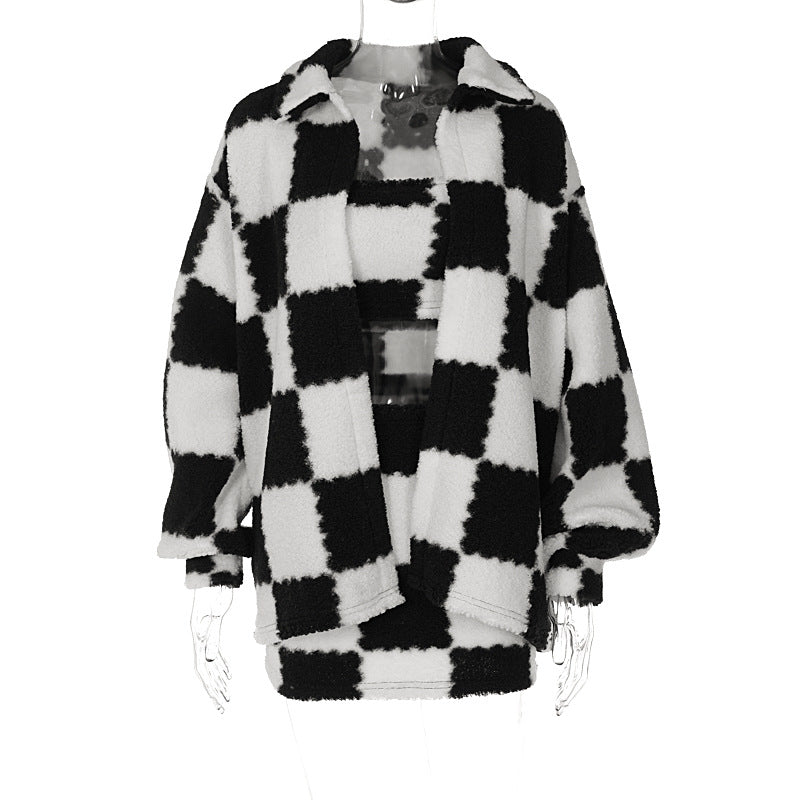 Black And White Plaid Thickened Coat