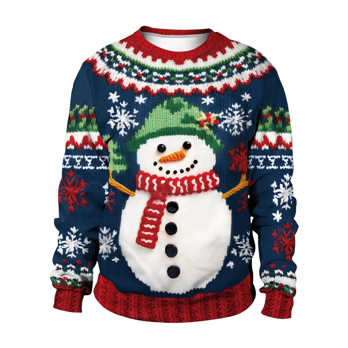 Women's Snowman Christmas Tree Pattern Digital Printed Round Neck Sweater