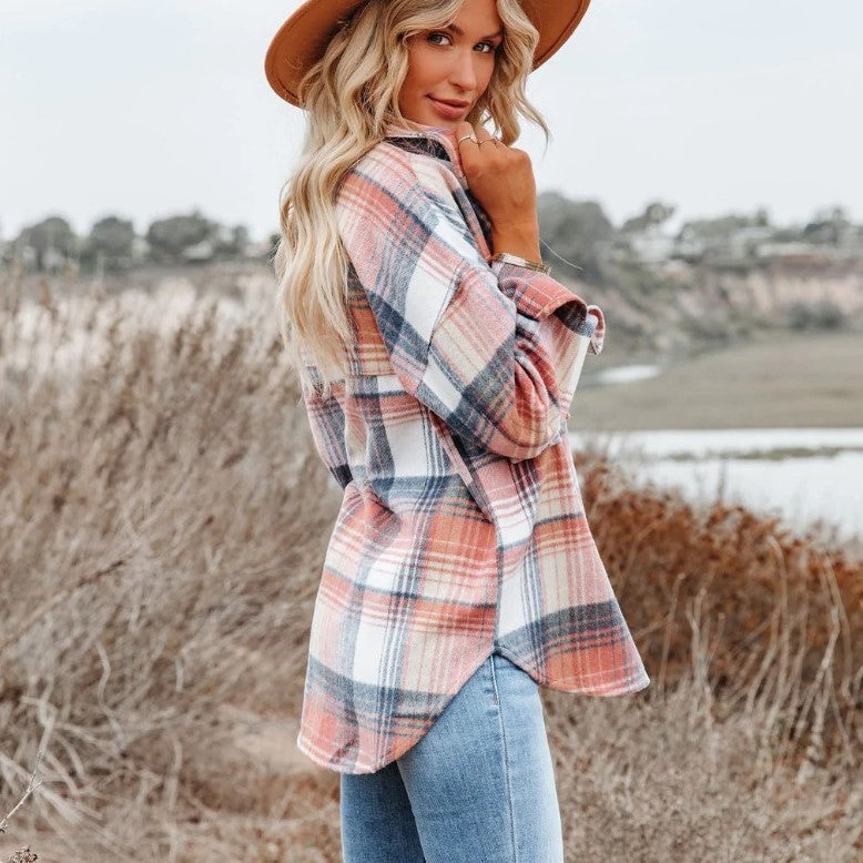 Women's Fashion Mid-length Large Pocket Plaid Shirt