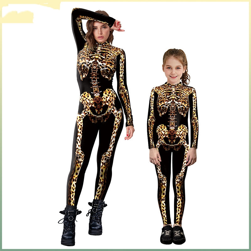 Halloween Parent-child Leopard Skeleton Printing One-piece