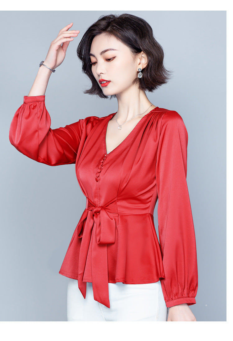 Fashion Women's Fall Plus Size Long Sleeve Tied Shirt Top