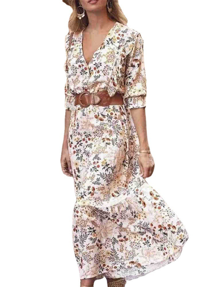 Beige Long Sleeve Floral Print V-neck Dress