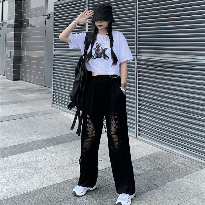 Women's Fashion Loose Hollow Butterfly Straight-leg Ankle-banded Pants