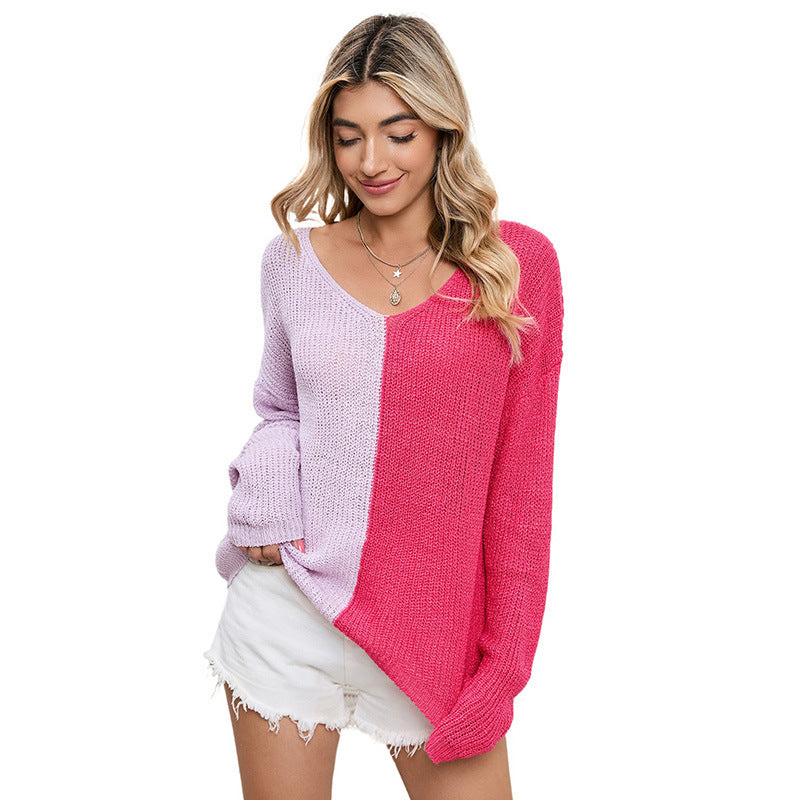 Women's Contrast Color V-neck Long-sleeved Pullover Sweater