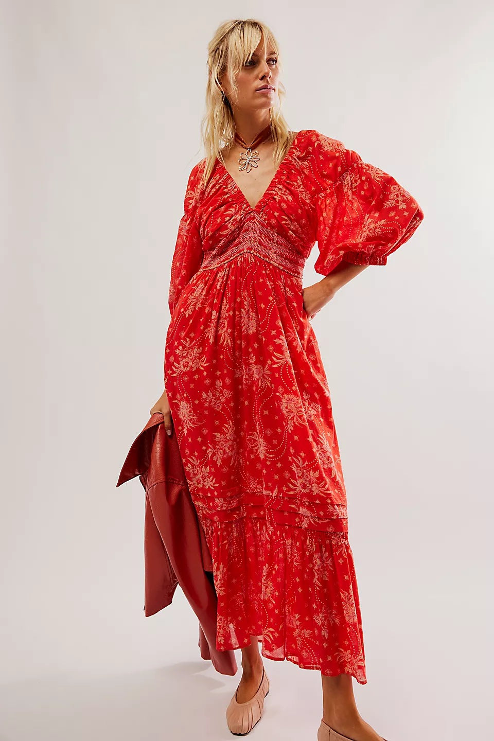 Printed V-neck Tie With Bubble Wrap Sleeve Length Dress