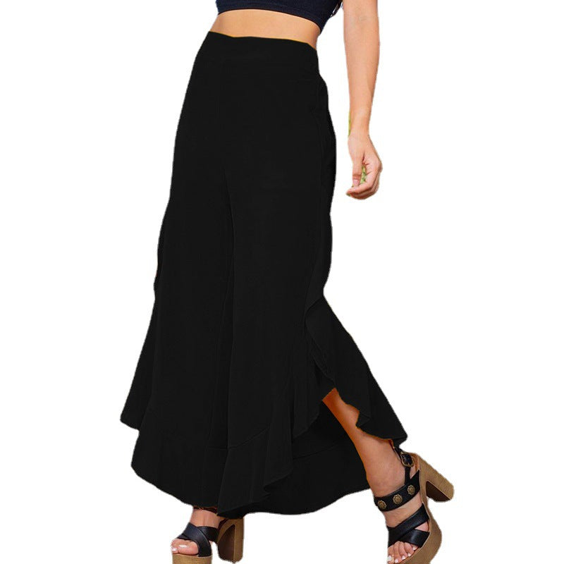 Women's Fashion Pure Color Ruffles Loose Casual Wide-leg Trousers