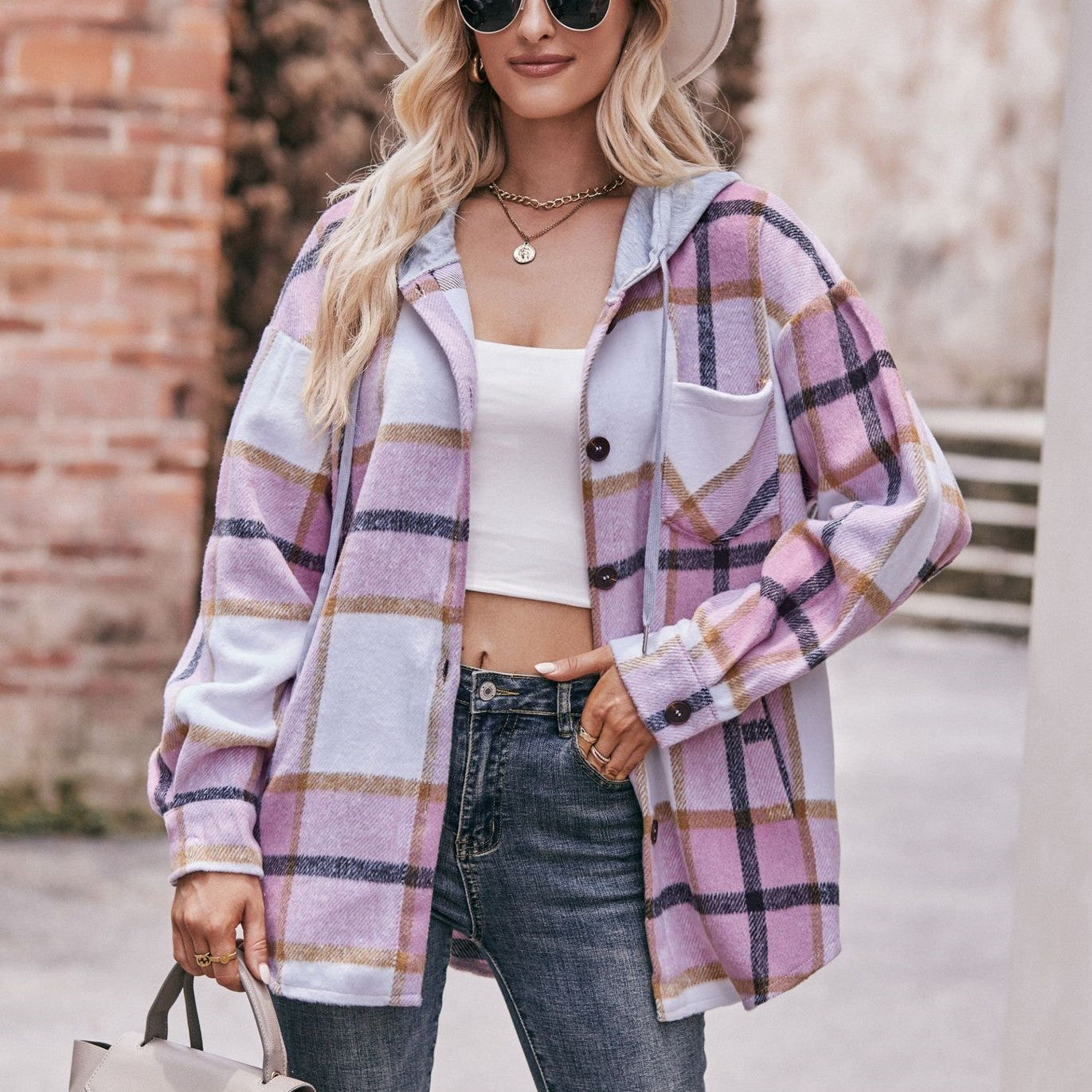 Ladies Hooded Casual Mid-length Plaid Shirt