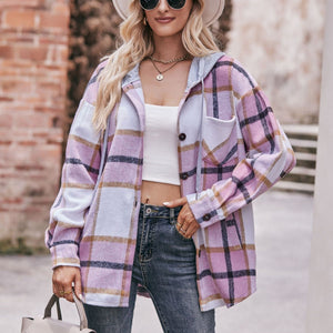 Ladies Hooded Casual Mid-length Plaid Shirt