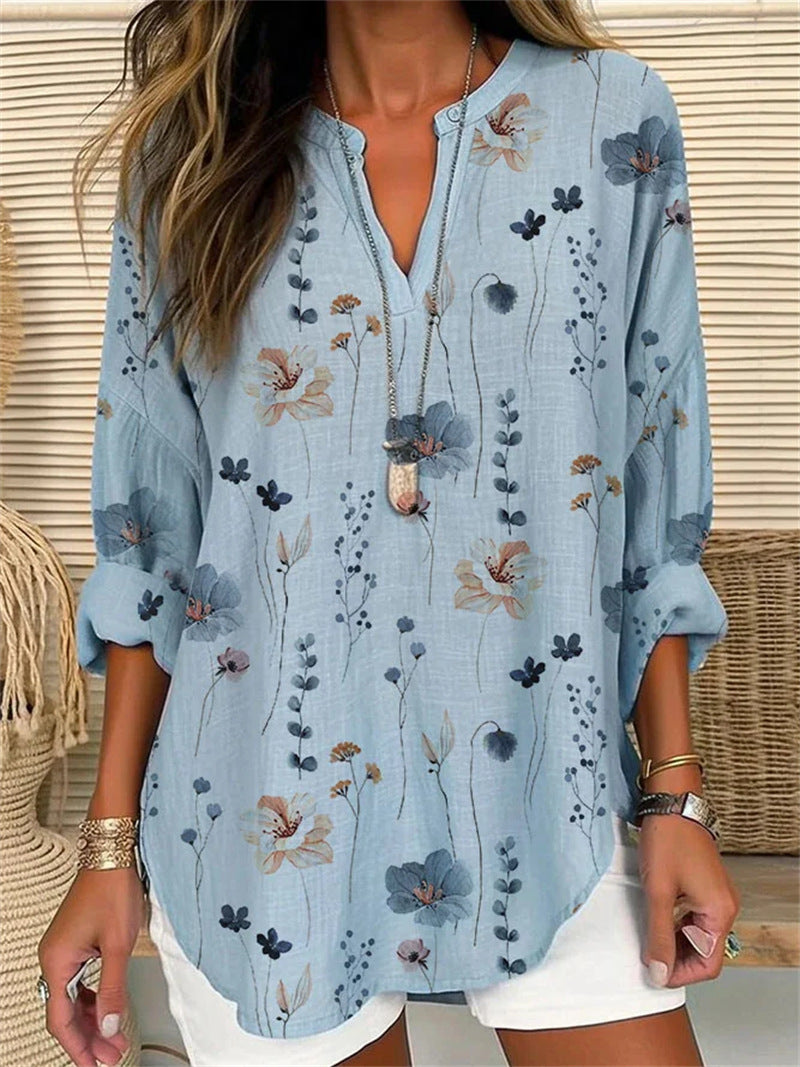 Flower Striped Printed Loose Long Sleeves Stand Collar Shirt