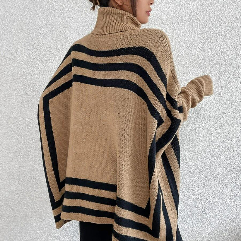 Women's High Neck Striped Bat Sleeve Cape Shawl Sweater