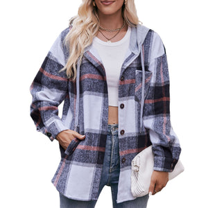 Ladies Hooded Casual Mid-length Plaid Shirt