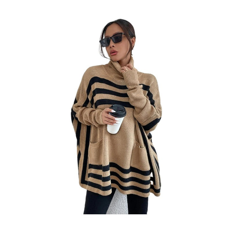 Women's High Neck Striped Bat Sleeve Cape Shawl Sweater