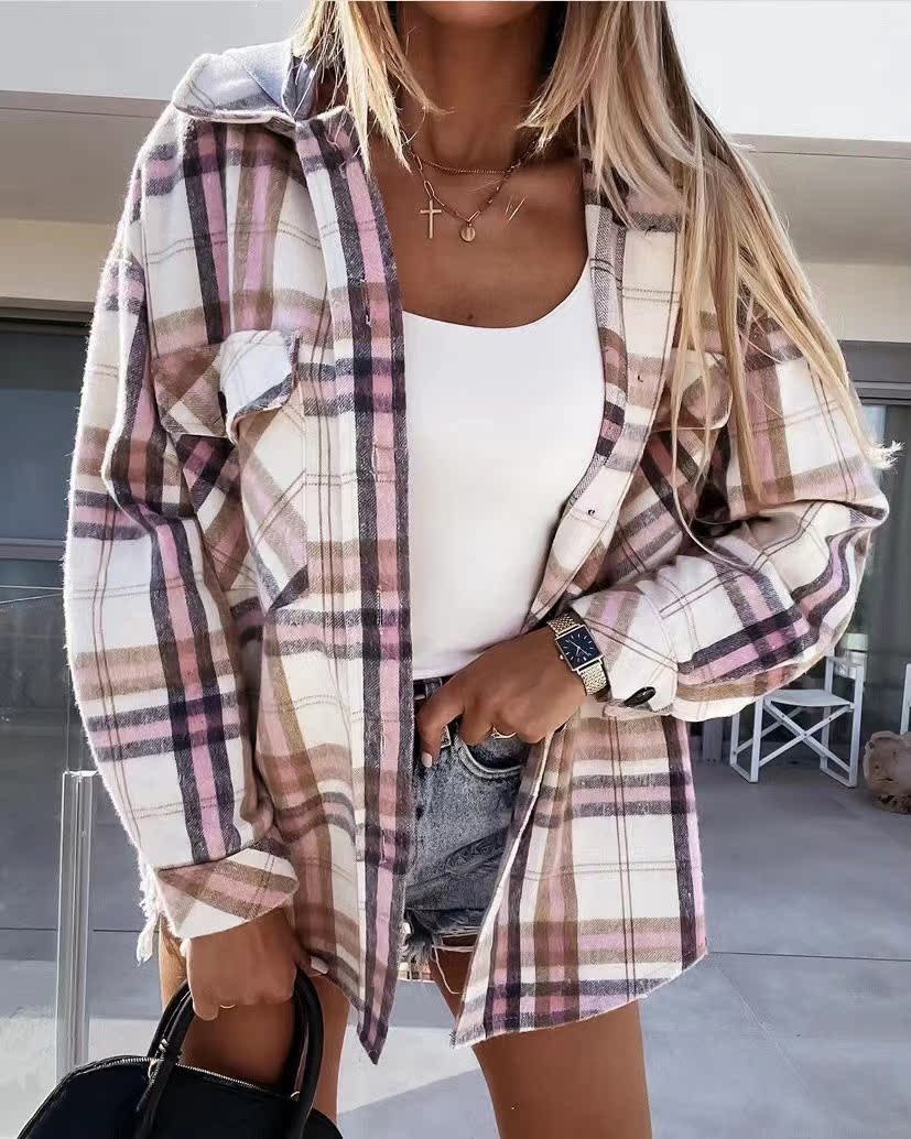 Women's Fashion Hooded Woolen Plaid Shirt