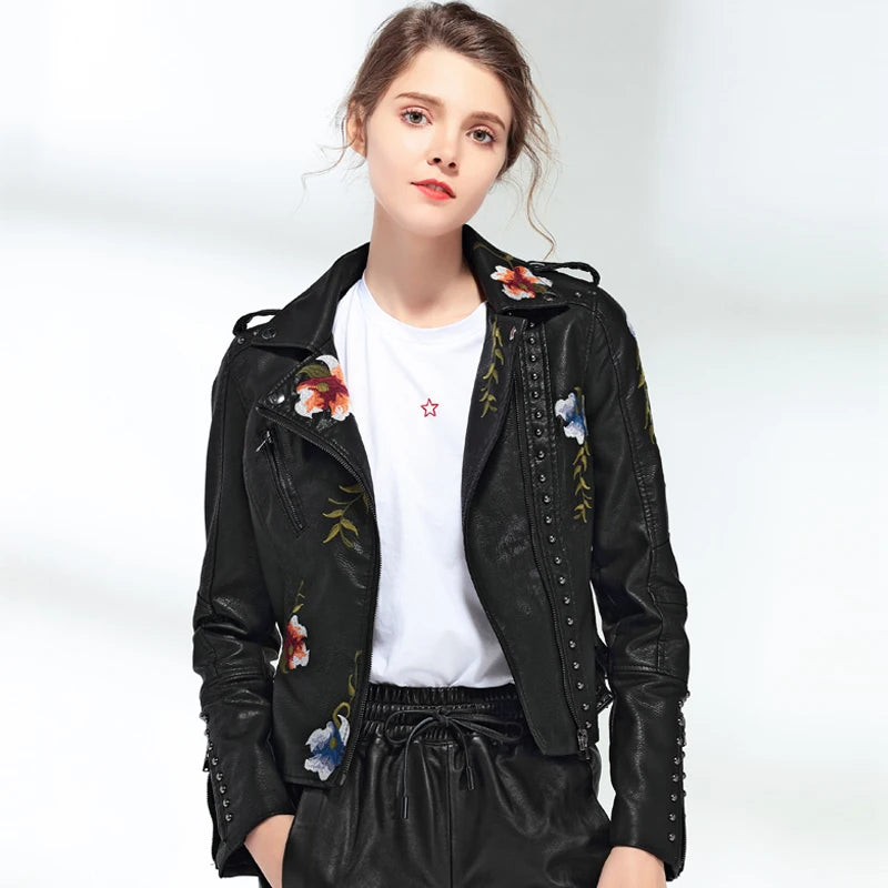 Women's Floral Print Faux Soft Leather Jacket