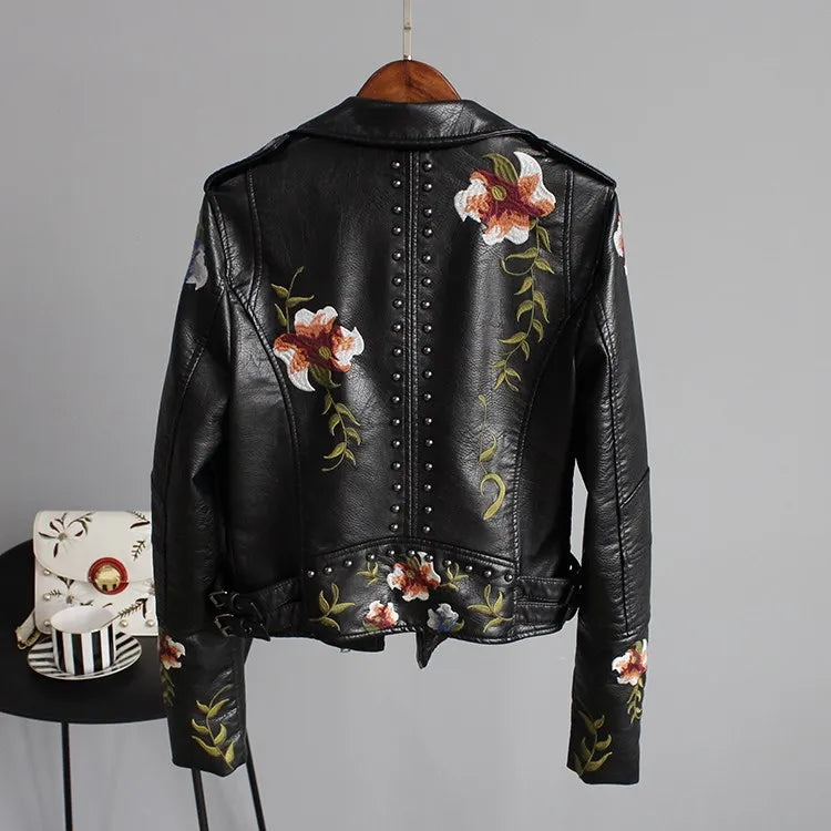 Women's Floral Print Faux Soft Leather Jacket