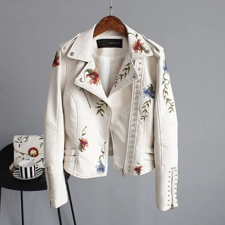 Women's Floral Print Faux Soft Leather Jacket