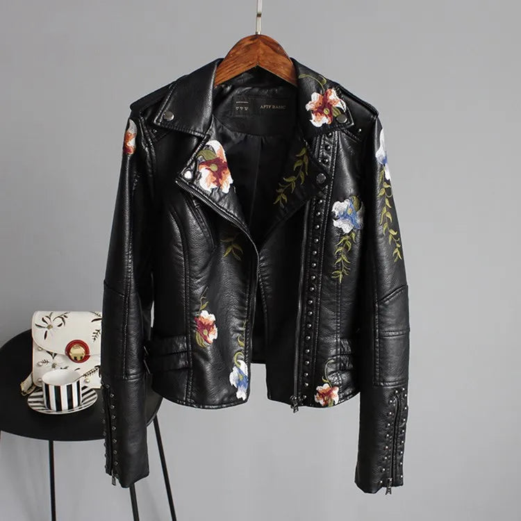 Women's Floral Print Faux Soft Leather Jacket