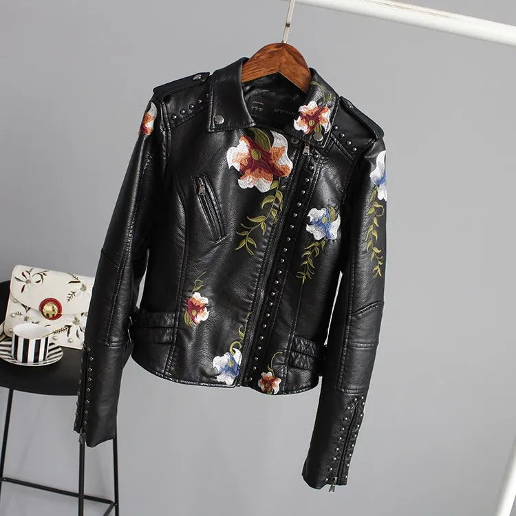 Women's Floral Print Faux Soft Leather Jacket
