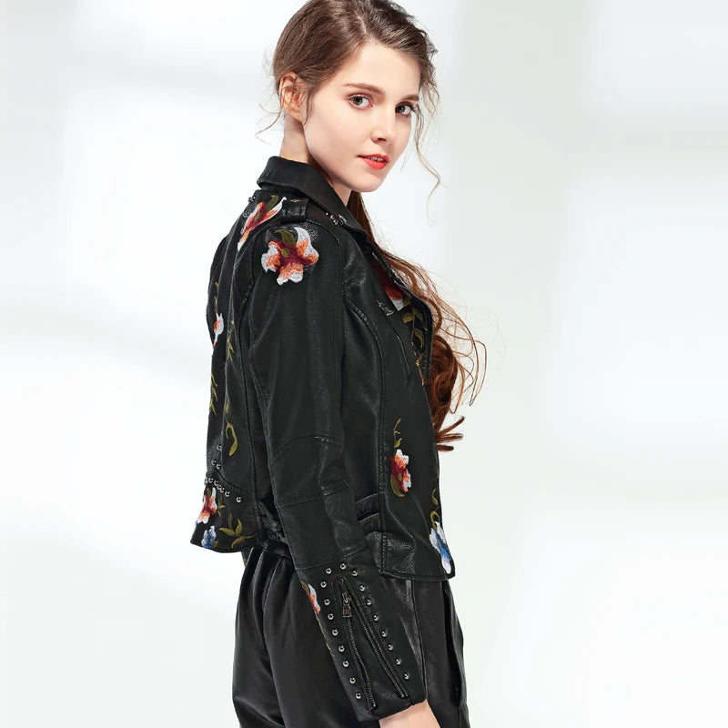 Women's Floral Print Faux Soft Leather Jacket