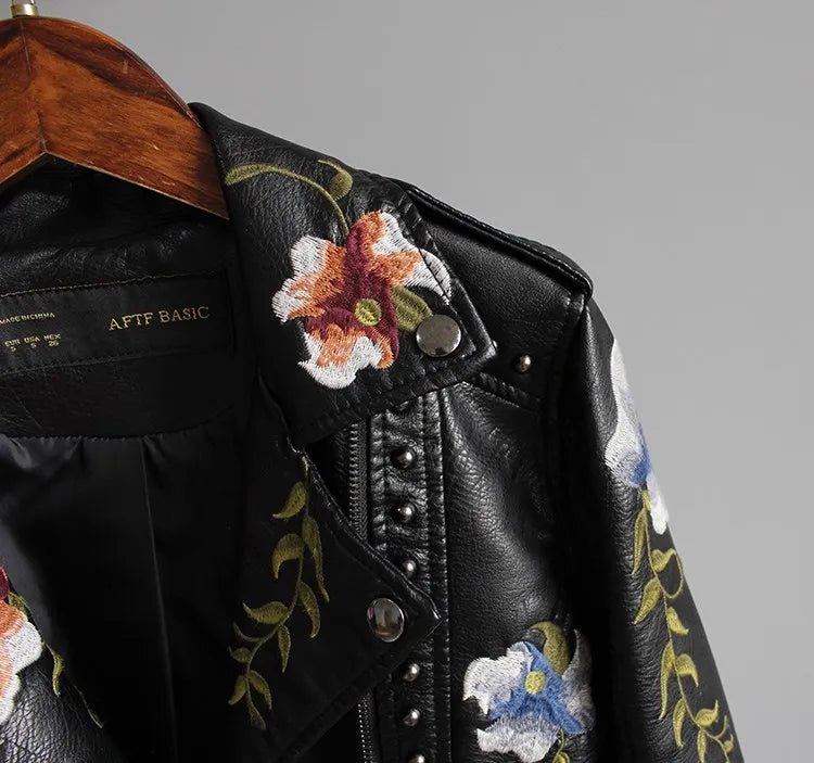 Women's Floral Print Faux Soft Leather Jacket