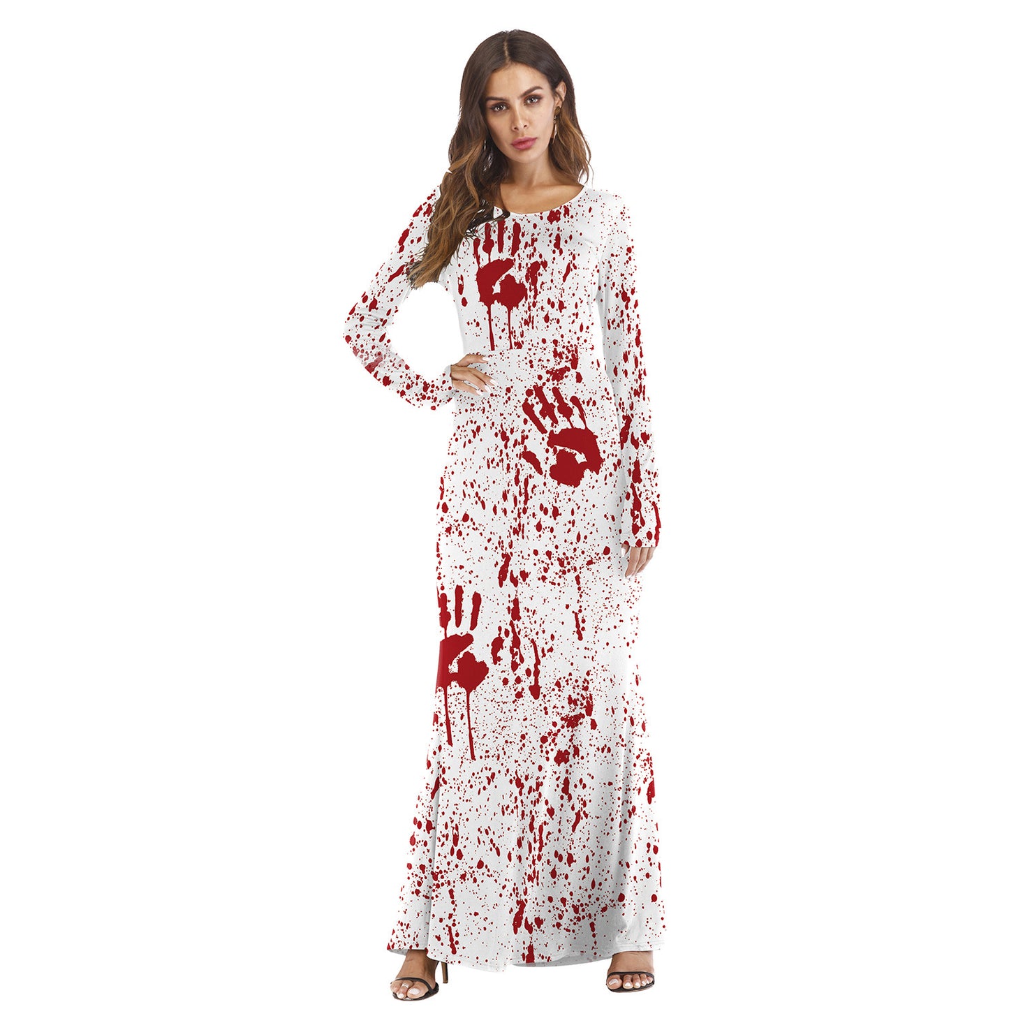 Women's Round Neck And Long Pattern Long-sleeved Pumpkin Digital Printed Dress