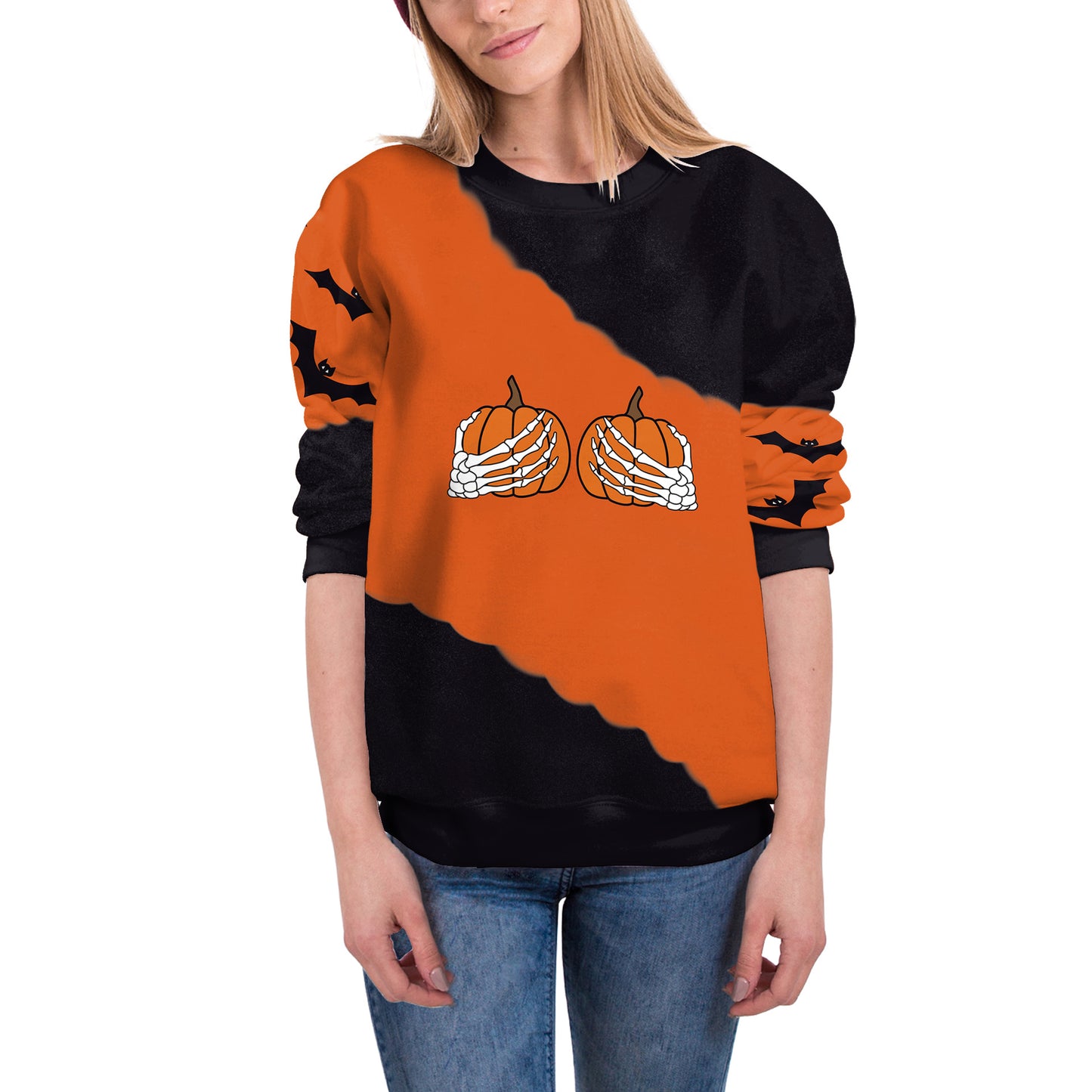 Women's Halloween Pumpkin-tied Horror Funny Round Neck Long-sleeved Sweater