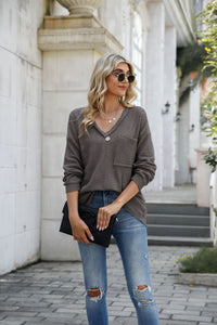 Women's Fashionable Waffle V-neck Long-sleeved Bottoming Shirt