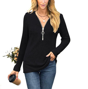 Women's Clothing Chest Zipper Pleating Casual Long Sleeve T-shirt