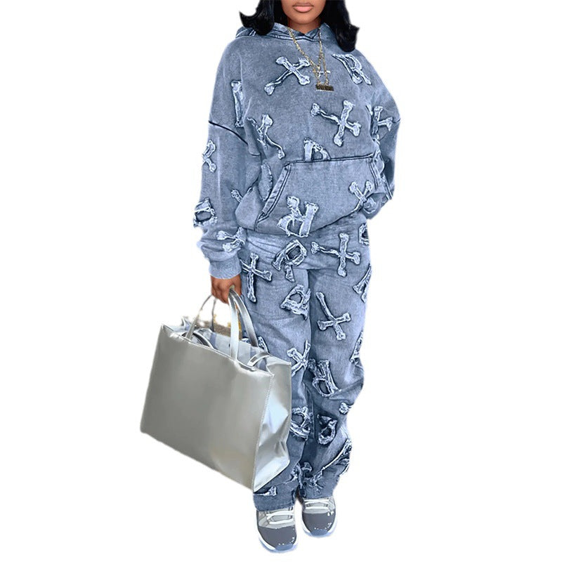 Women's Printed Pocket Long Sleeve Trousers Outfit set