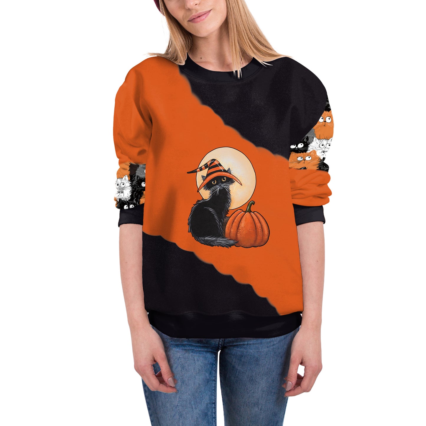 Women's Halloween Pumpkin-tied Horror Funny Round Neck Long-sleeved Sweater