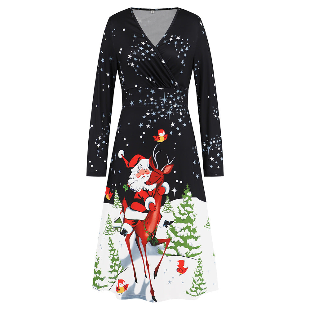 Women's V-neck Long Sleeve Christmas Printed Dress