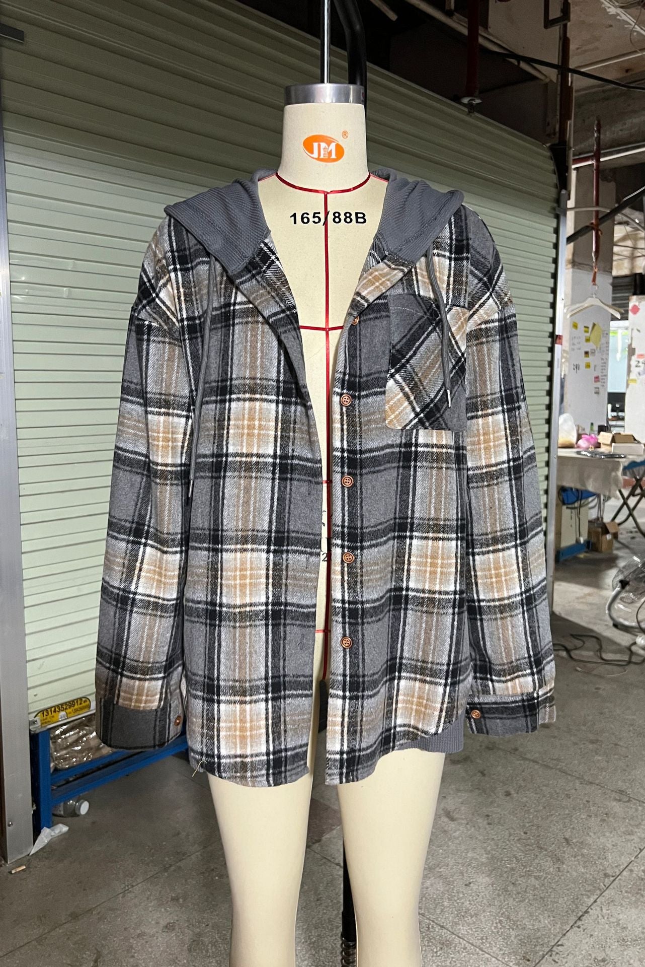 Women's Hooded Spliced Plaid Blouse Woolen Shirt