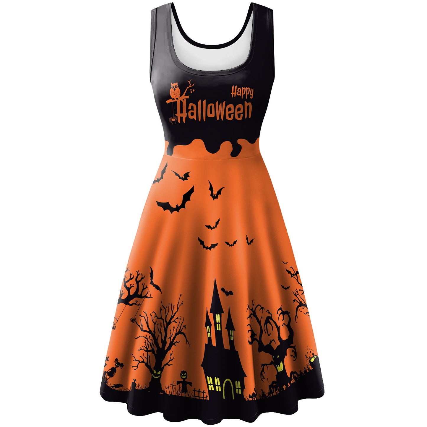 Women's Halloween Sleeveless Horror Bat Skeleton Digital Printed Dress