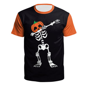 Women's Horror Pumpkin Skeleton Digital Printed Round Neck Short Sleeve