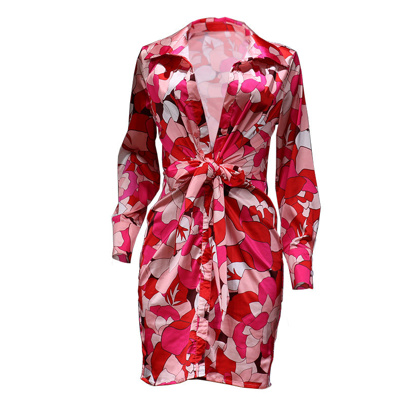 Women's Lapel Print Long Sleeve Dress