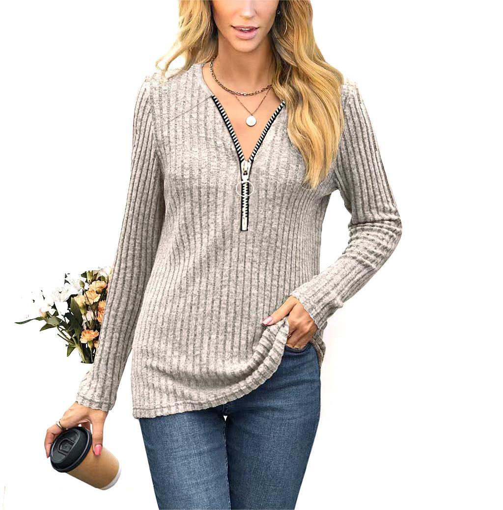 Women's Clothing Chest Zipper Pleating Casual Long Sleeve T-shirt