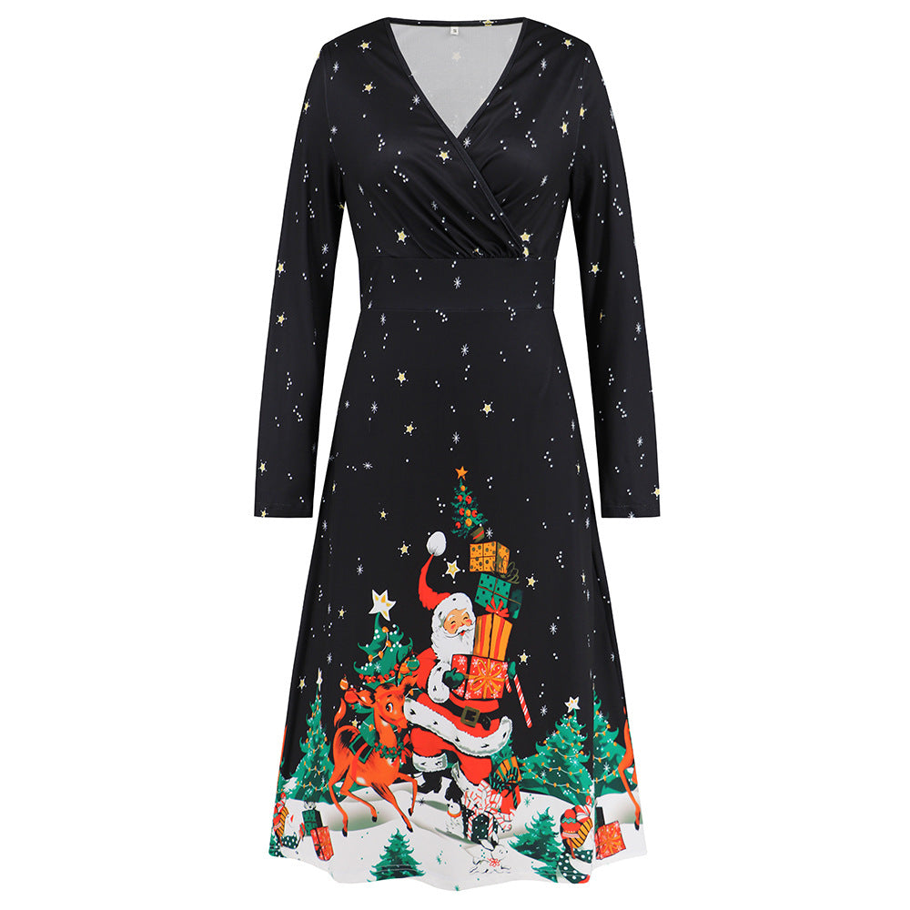 Women's V-neck Long Sleeve Christmas Printed Dress