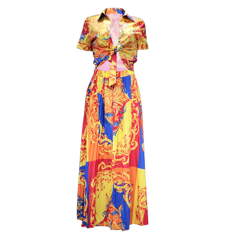 Women's Printed Short Top Wide Leg Pants Suit