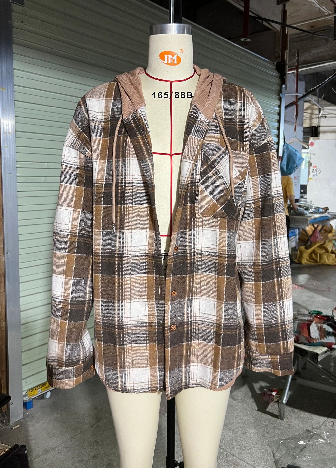 Women's Hooded Spliced Plaid Blouse Woolen Shirt