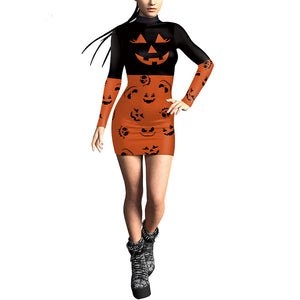 Women's 3D Digital Printing Pumpkin Slim-fit Long-sleeved Sexy Tight Hip Dress