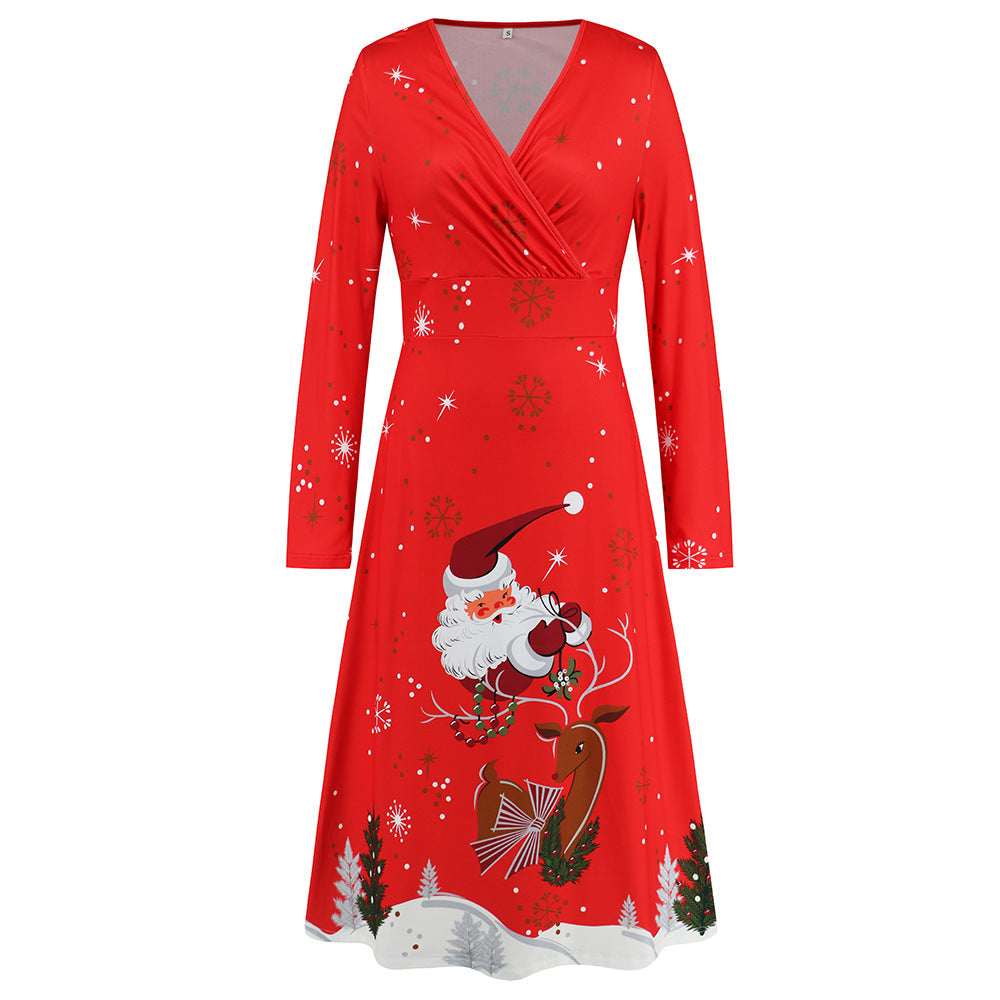 Women's V-neck Long Sleeve Christmas Printed Dress