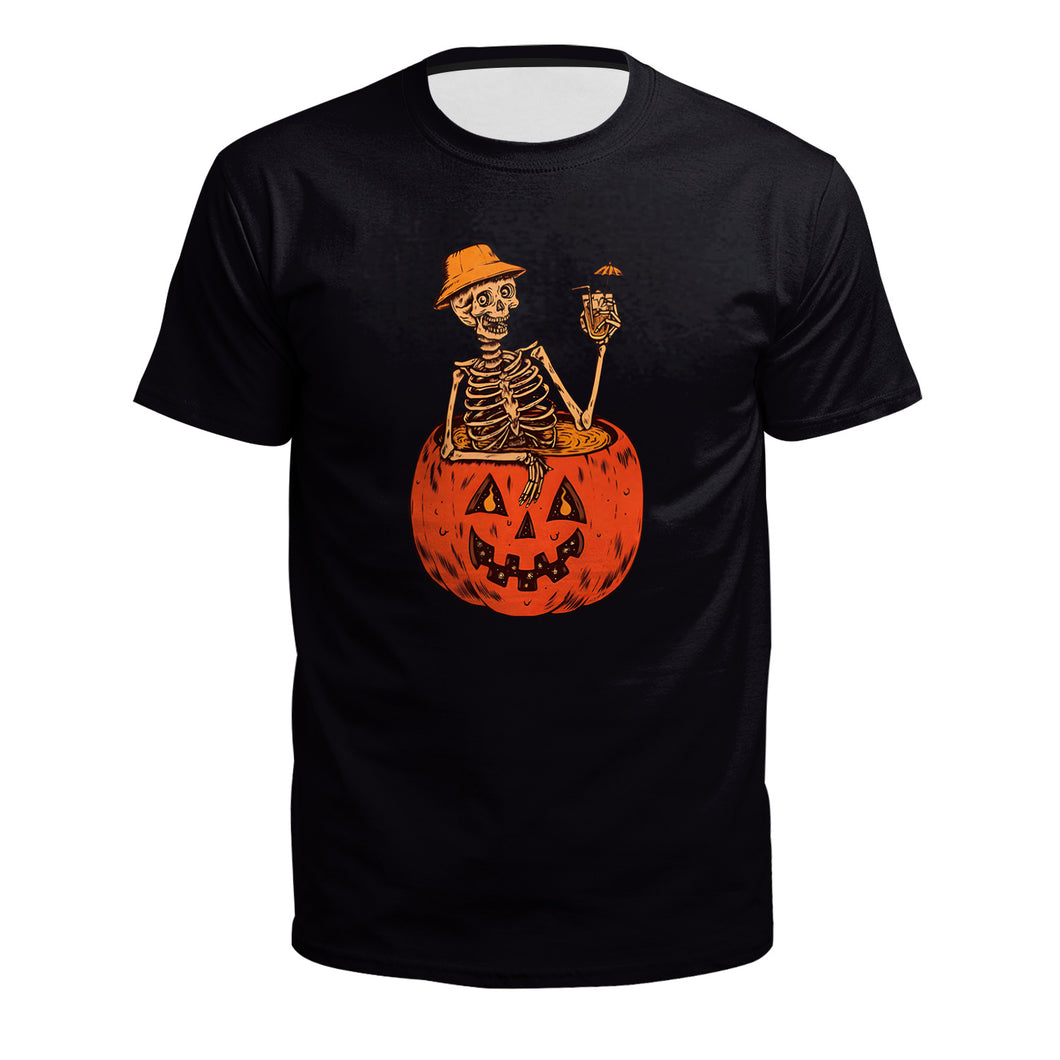 Women's Horror Pumpkin Skeleton Digital Printed Round Neck Short Sleeve