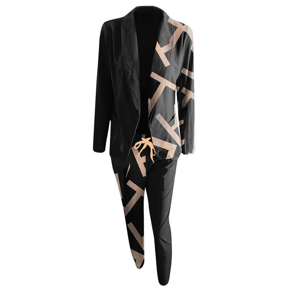 Women's Fashionable Printed Long-sleeved Lapel Suit Casual Suit