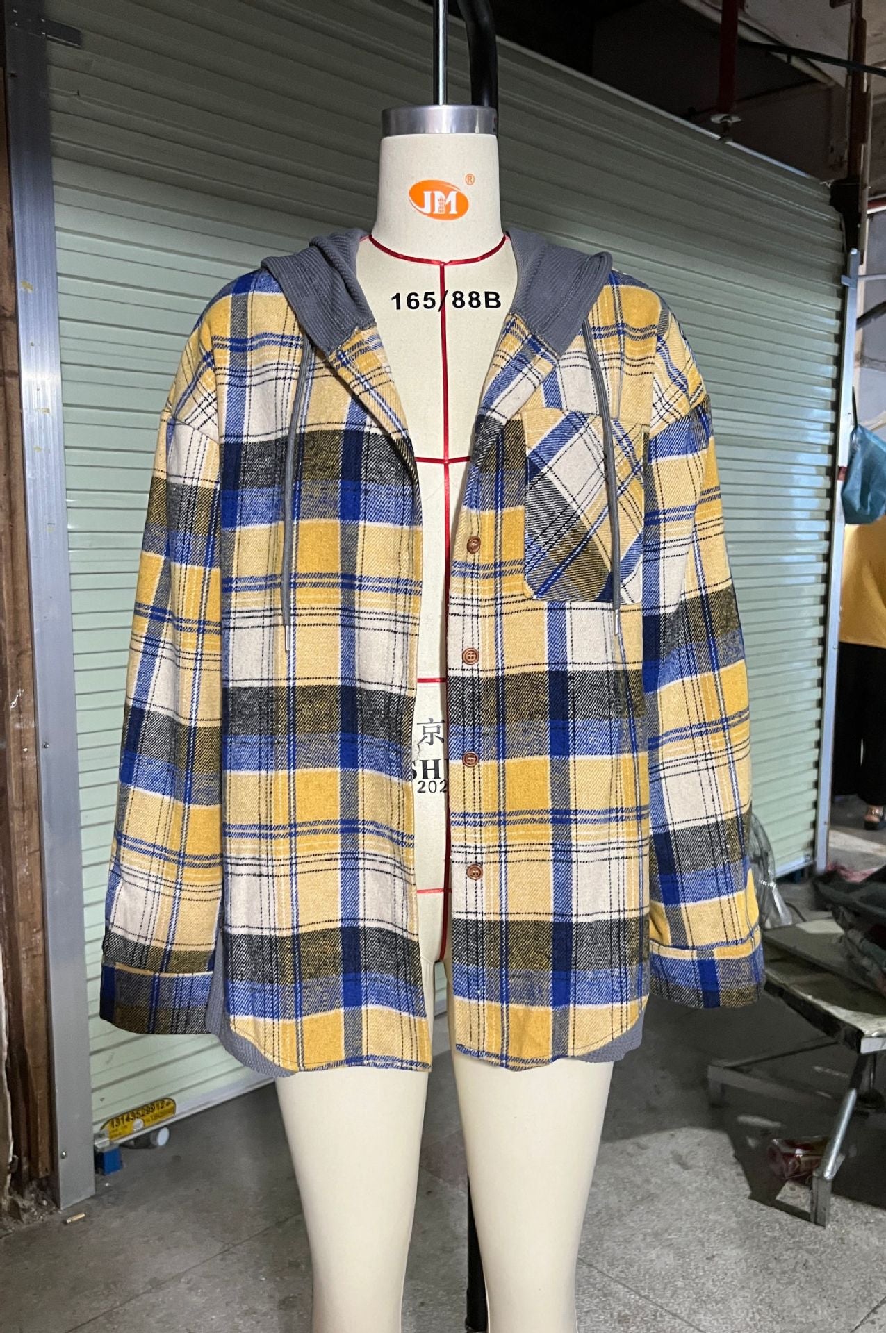 Women's Hooded Spliced Plaid Blouse Woolen Shirt