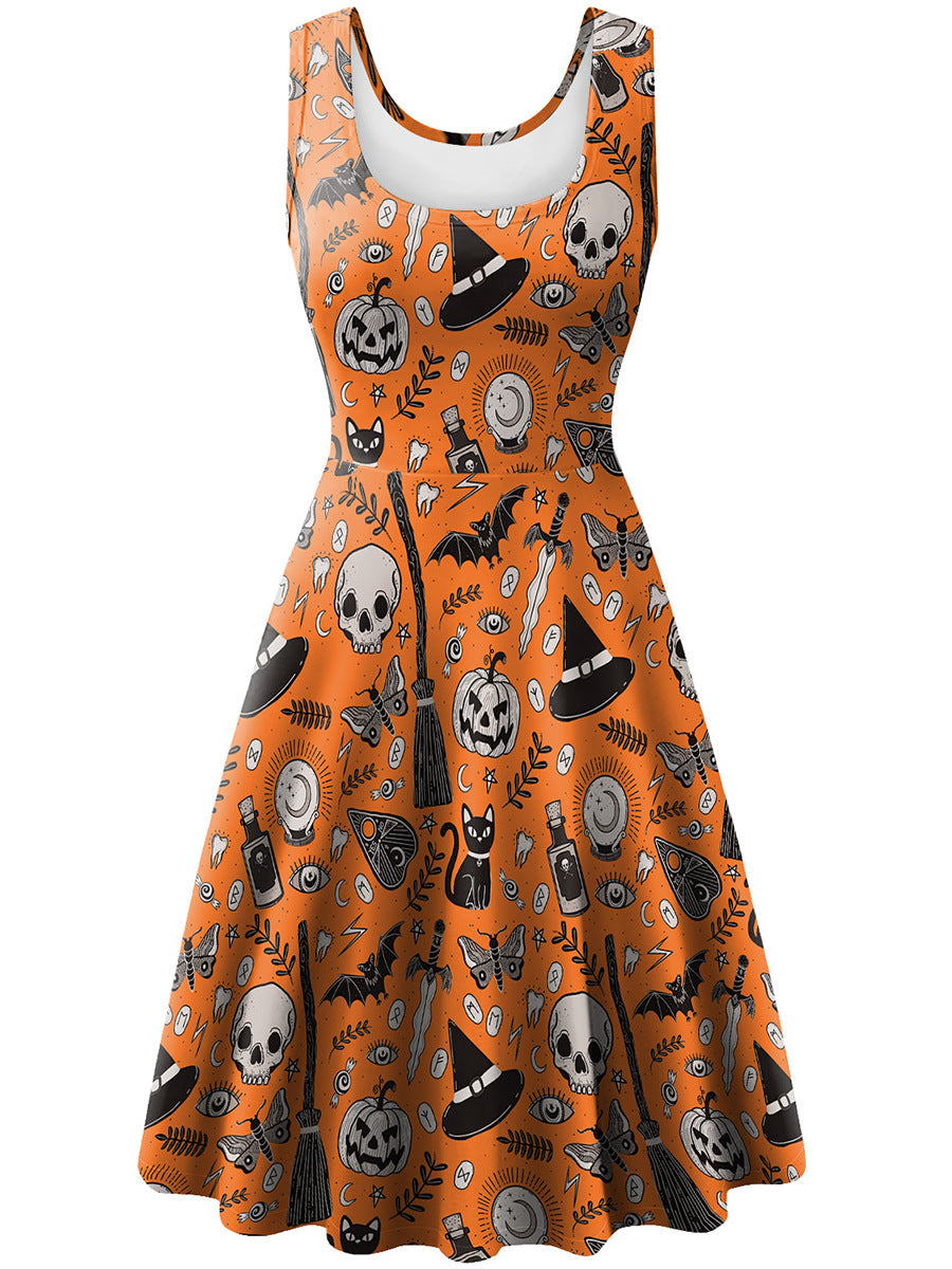 Women's Halloween Sleeveless Vest Pumpkin Skull Digital Printing Dress